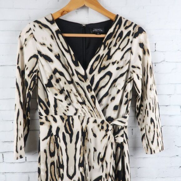 TAHARI ASL CREAM TAN & BLACK ANIMAL PRINT 3/4 SLEEVE MOCK WRAP MIDI DRESS SIZE 2 - Picture 5 of 12